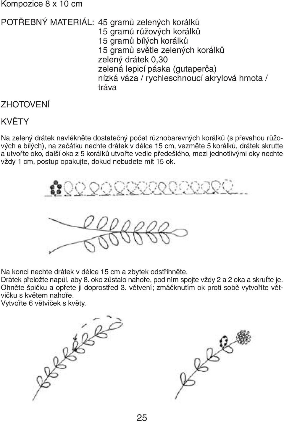 15 cm, vezměte 5 korálků, drátek skruťte a utvořte oko, další oko z 5 korálků utvořte vedle předešlého, mezi jednotlivými oky nechte vždy 1 cm, postup opakujte, dokud nebudete mít 15 ok.