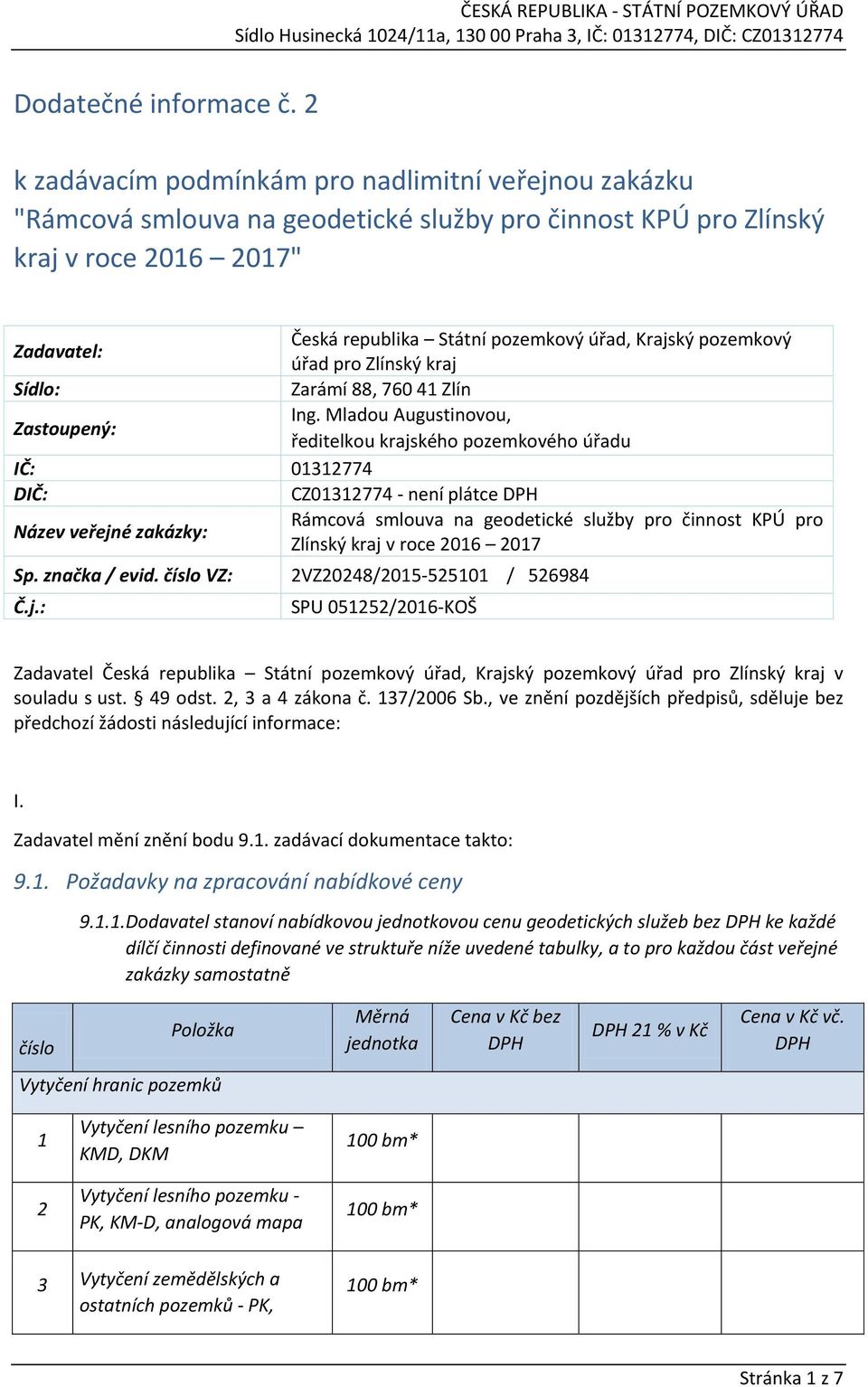 Krajský pozemkový úřad pro Zlínský kraj Sídlo: Zarámí 88, 760 41 Zlín Zastoupený: Ing.