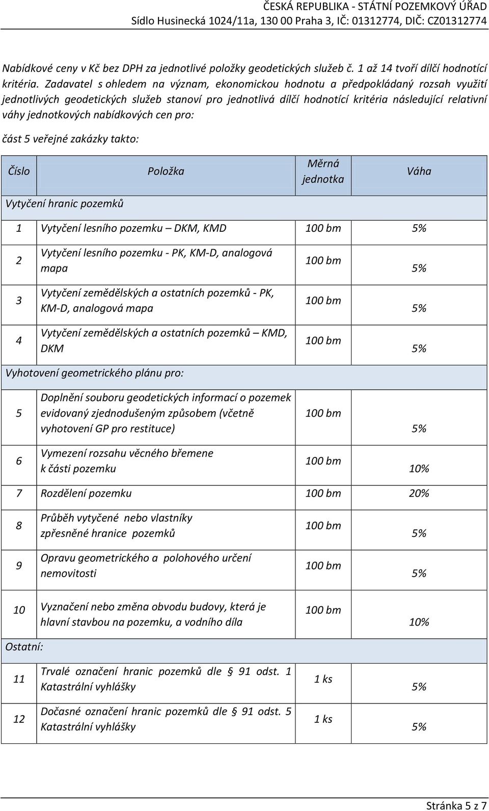 jednotkových nabídkových cen pro: část 5 veřejné zakázky takto: Číslo Položka Měrná jednotka Váha Vytyčení hranic pozemků 1 Vytyčení lesního pozemku DKM, KMD 2 Vytyčení lesního pozemku - PK, KM-D,