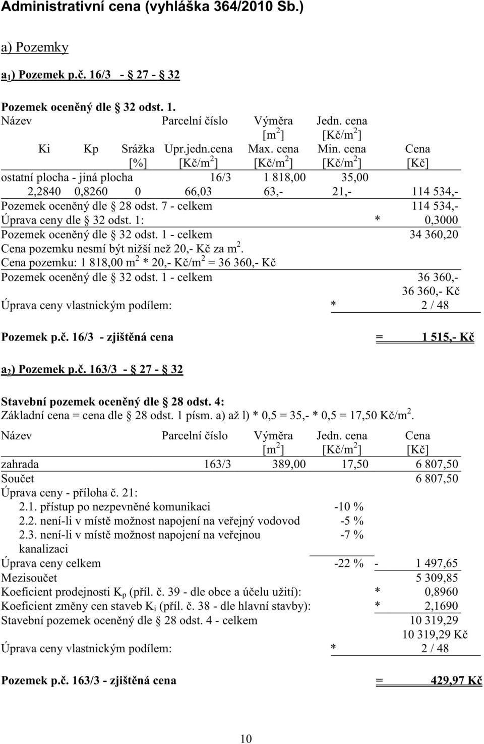 1: * 0,3000 Pozemek ocen ný dle 32 odst. 1 - celkem 34 360,20 pozemku nesmí být nižší než 20,- K za m 2. pozemku: 1 818,00 m 2 * 20,- K /m 2 = 36 360,- K Pozemek ocen ný dle 32 odst.