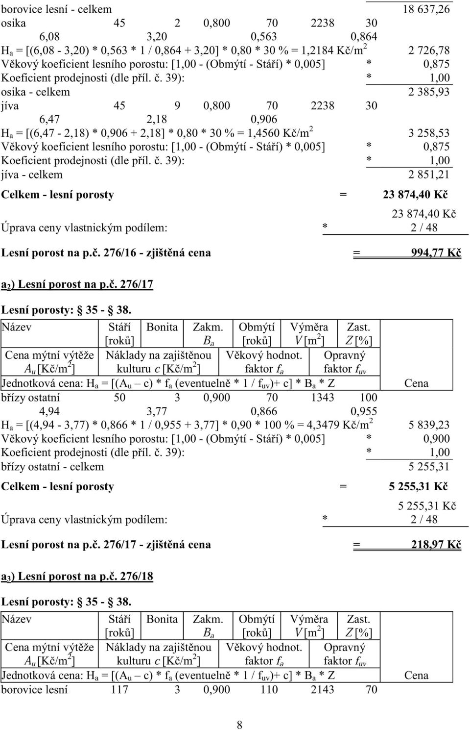 . 39): * 1,00 osika - celkem 2 385,93 jíva 45 9 0,800 70 2238 30 6,47 2,18 0,906 H a = [(6,47-2,18) * 0,906 + 2,18] * 0,80 * 30 % = 1,4560 K /m 2 3 258,53 V kový koeficient lesního .