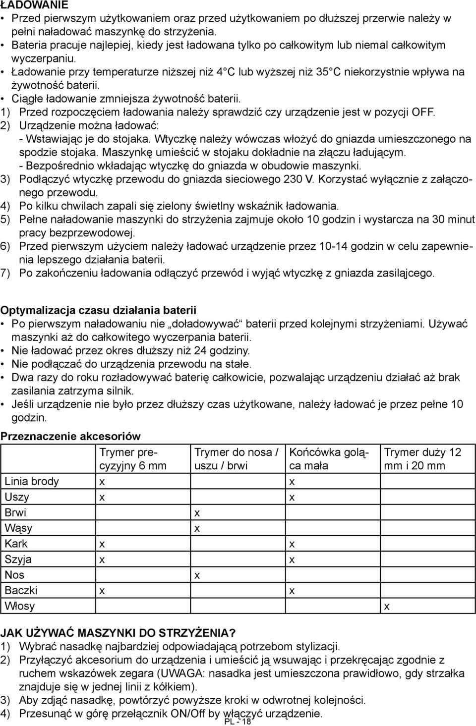 Ładowanie przy temperaturze niższej niż 4 C lub wyższej niż 35 C niekorzystnie wpływa na żywotność baterii. 1) 2) 3) 4) 5) 6) 7) Ciągłe ładowanie zmniejsza żywotność baterii.