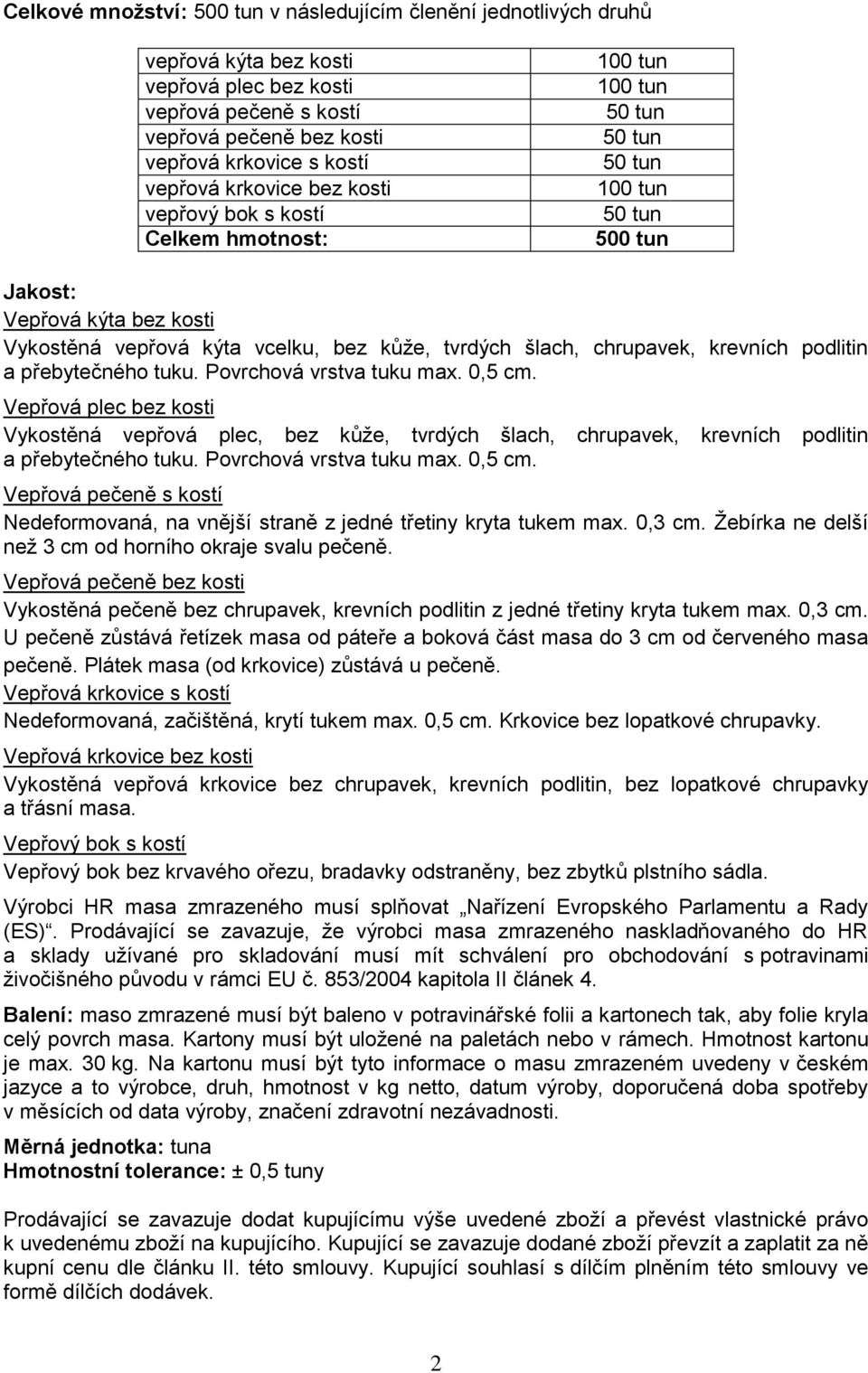 podlitin a přebytečného tuku. Povrchová vrstva tuku max. 0,5 cm. Vepřová plec bez kosti Vykostěná vepřová plec, bez kůže, tvrdých šlach, chrupavek, krevních podlitin a přebytečného tuku.