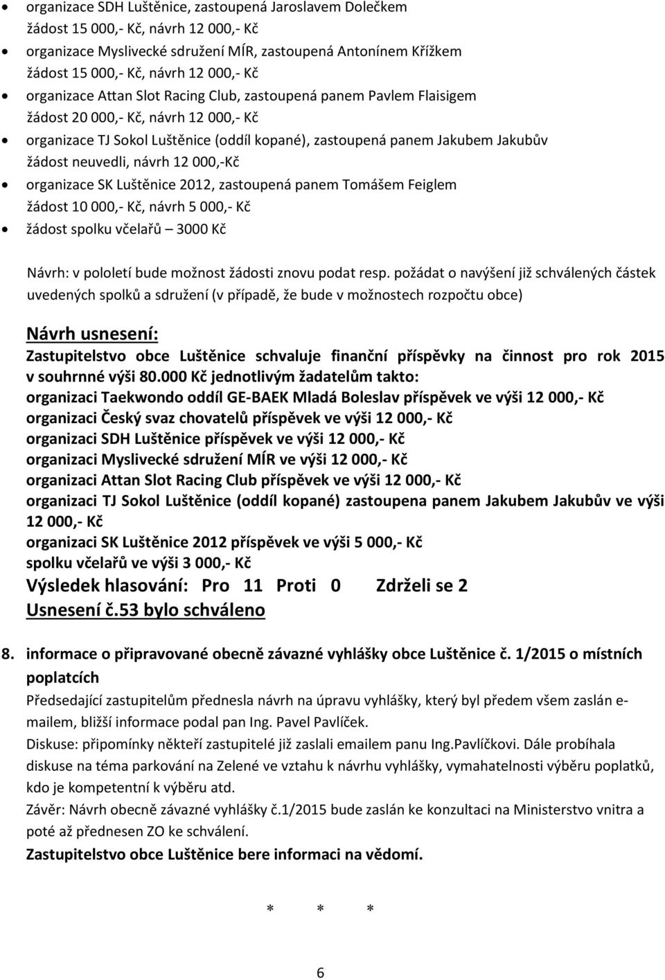 neuvedli, návrh 12 000,-Kč organizace SK Luštěnice 2012, zastoupená panem Tomášem Feiglem žádost 10 000,- Kč, návrh 5 000,- Kč žádost spolku včelařů 3000 Kč Návrh: v pololetí bude možnost žádosti