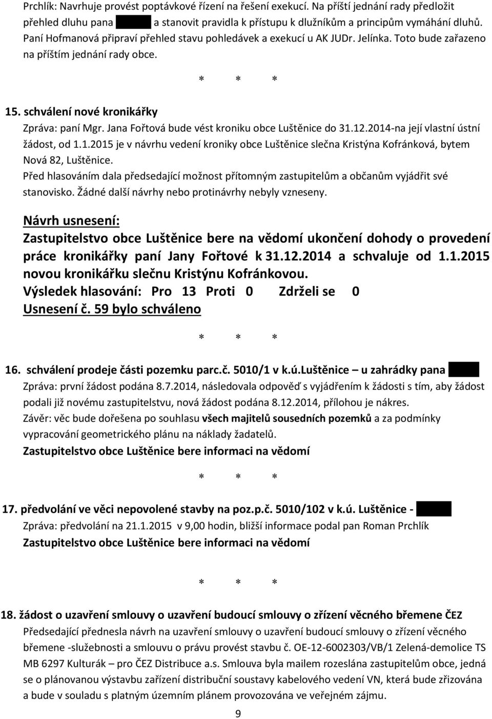 Jana Fořtová bude vést kroniku obce Luštěnice do 31.12.2014-na její vlastní ústní žádost, od 1.1.2015 je v návrhu vedení kroniky obce Luštěnice slečna Kristýna Kofránková, bytem Nová 82, Luštěnice.