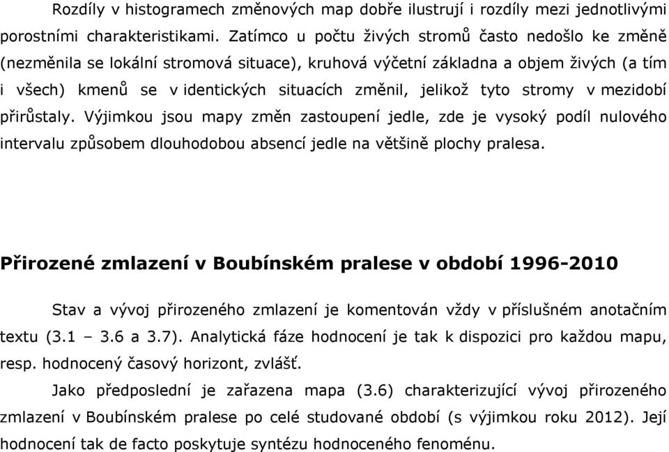 stromy v mezidobí přirůstaly. Výjimkou jsou mapy změn zastoupení jedle, zde je vysoký podíl nulovéo intervalu způsobem dlouodobou absencí jedle na většině plocy pralesa.