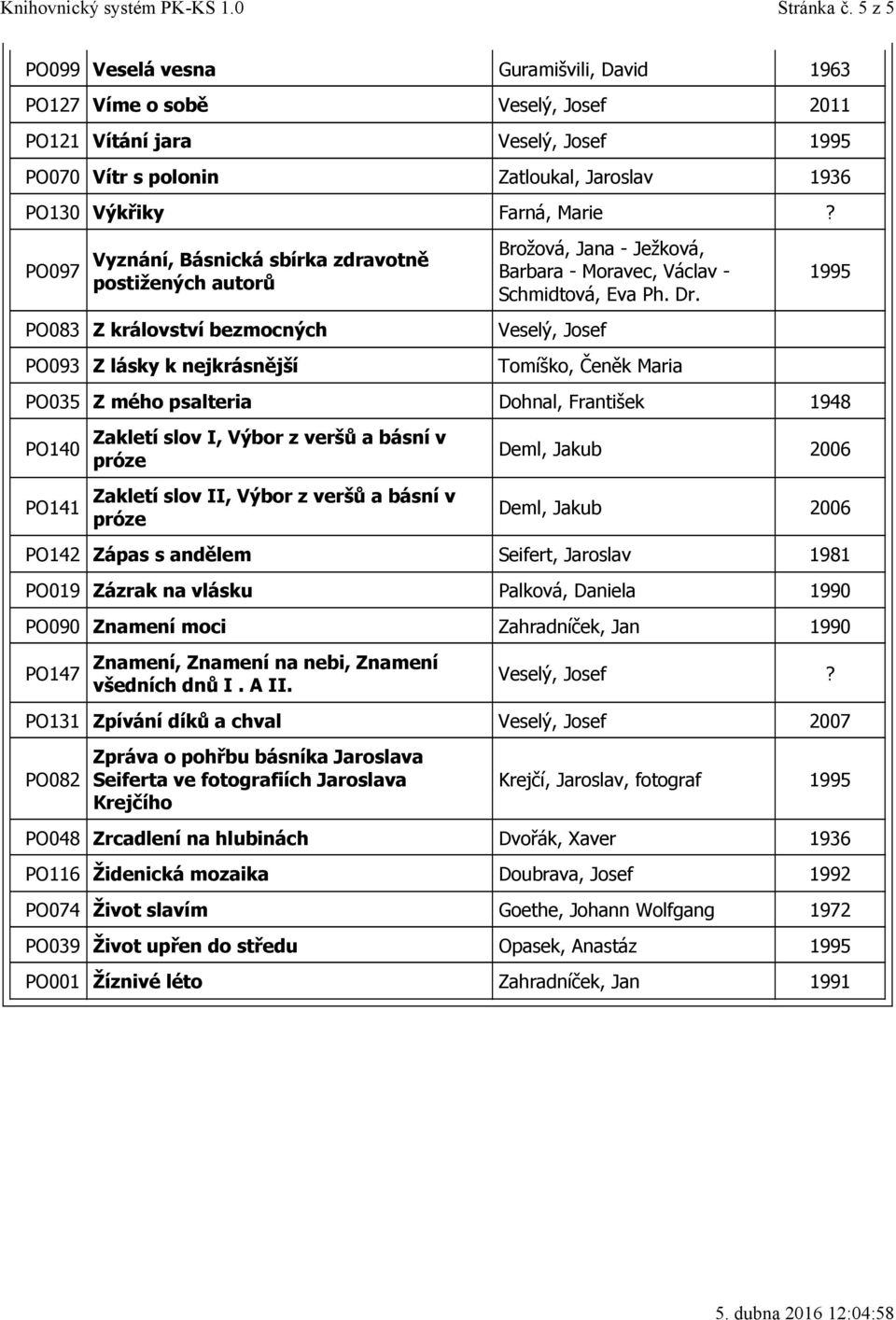 Tomíško, Čeněk Maria PO035 Z mého psalteria Dohnal, František 1948 PO140 PO141 Zakletí slov I, Výbor z veršů a básní v próze Zakletí slov II, Výbor z veršů a básní v próze 1995 Deml, Jakub 2006 Deml,