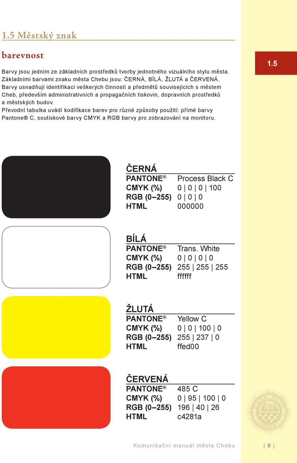 Převodní tabulka uvádí kodifikace barev pro různé způsoby použití: přímé barvy Pantone C, soutiskové barvy CMYK a RGB barvy pro zobrazování na monitoru. 1.