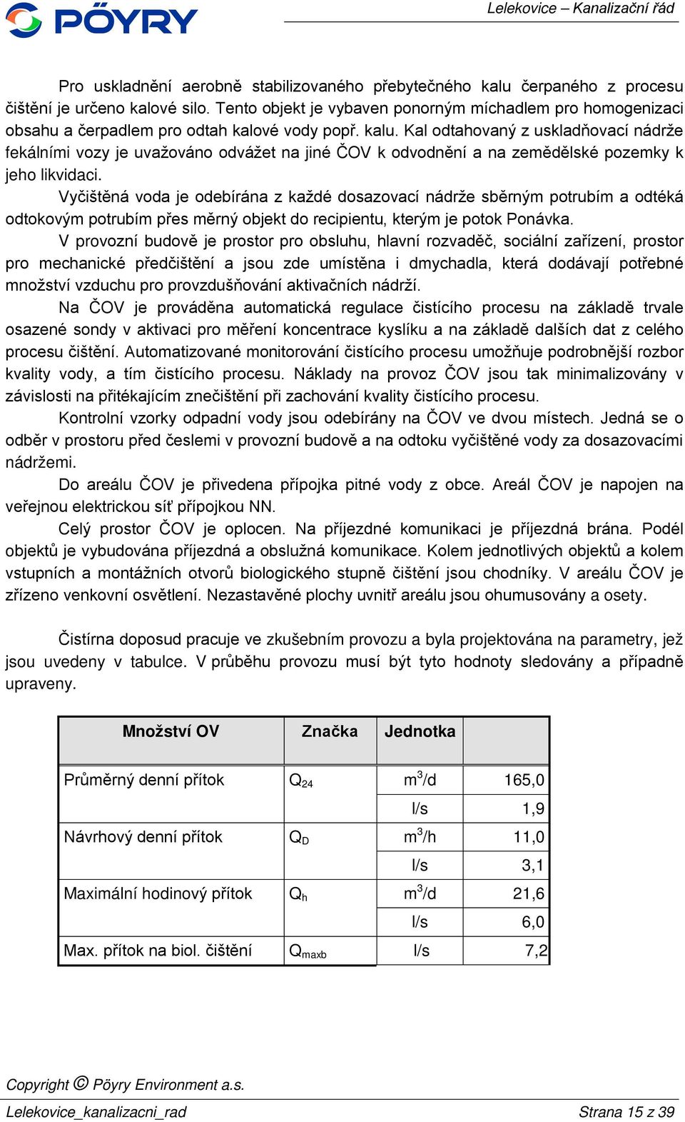 Kal odtahovaný z uskladňovací nádrže fekálními vozy je uvažováno odvážet na jiné ČOV k odvodnění a na zemědělské pozemky k jeho likvidaci.