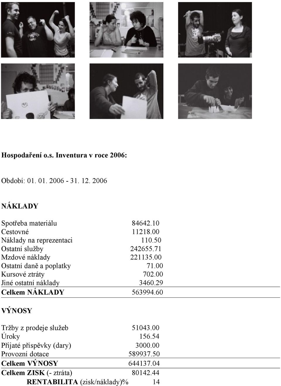 00 Kursové ztráty 702.00 Jiné ostatní náklady 3460.29 Celkem NÁKLADY 563994.60 VÝNOSY Tržby z prodeje služeb 51043.00 Úroky 156.