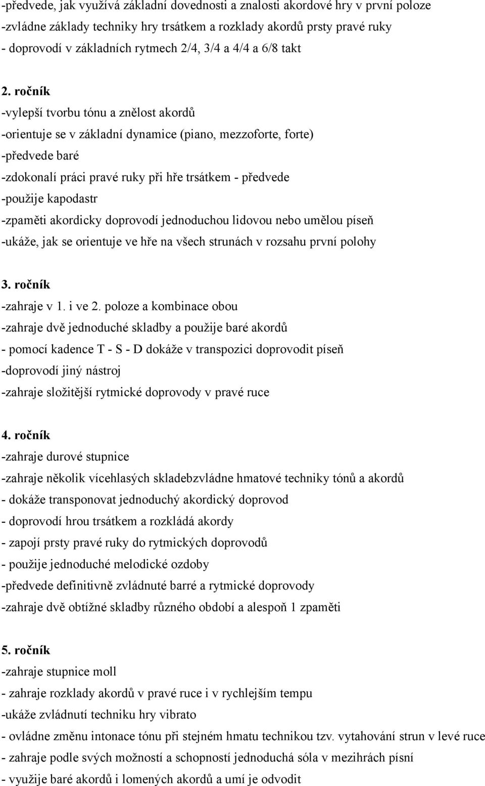 ročník -vylepší tvorbu tónu a znělost akordů -orientuje se v základní dynamice (piano, mezzoforte, forte) -předvede baré -zdokonalí práci pravé ruky při hře trsátkem - předvede -použije kapodastr