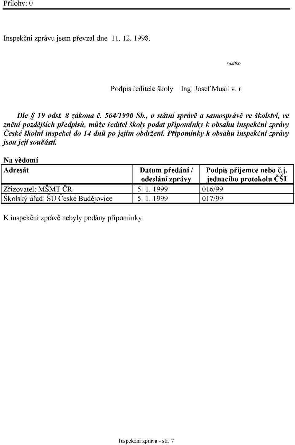 dnů po jejím obdržení. Připomínky k obsahu inspekční zprávy jsou její součástí. Na vědomí Adresát Datum předání / odeslání zprávy Zřizovatel: MŠMT ČR 5. 1.