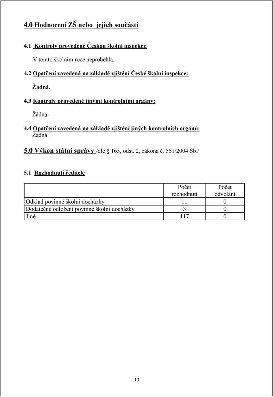 0 Výkon státní správy /dle 165, odst. 2, zákona č. 561/2004 Sb./ 5.