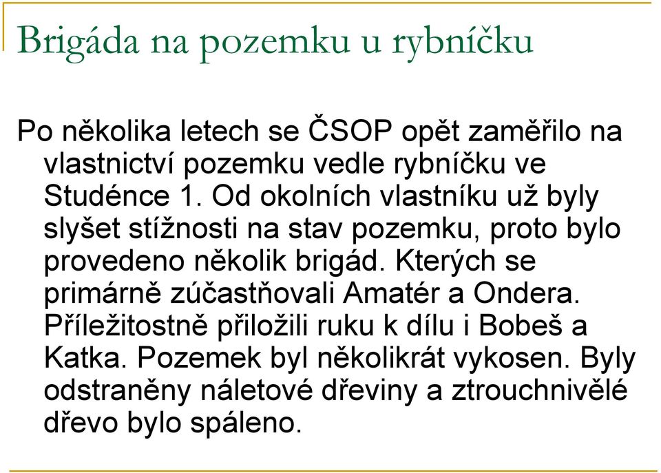 Od okolních vlastníku už byly slyšet stížnosti na stav pozemku, proto bylo provedeno několik brigád.