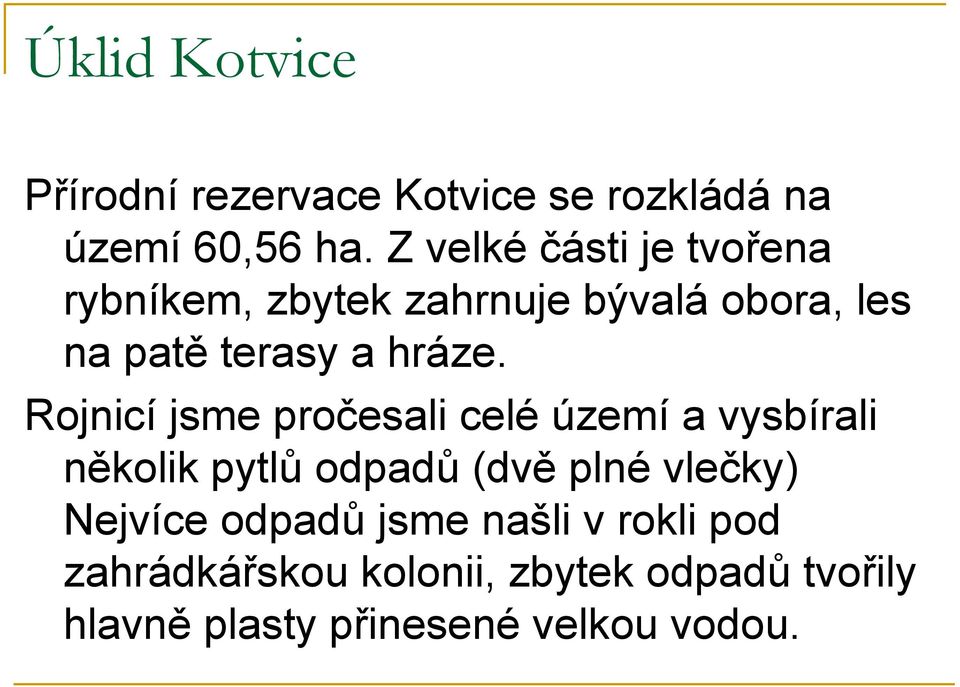 Rojnicí jsme pročesali celé území a vysbírali několik pytlů odpadů (dvě plné vlečky) Nejvíce
