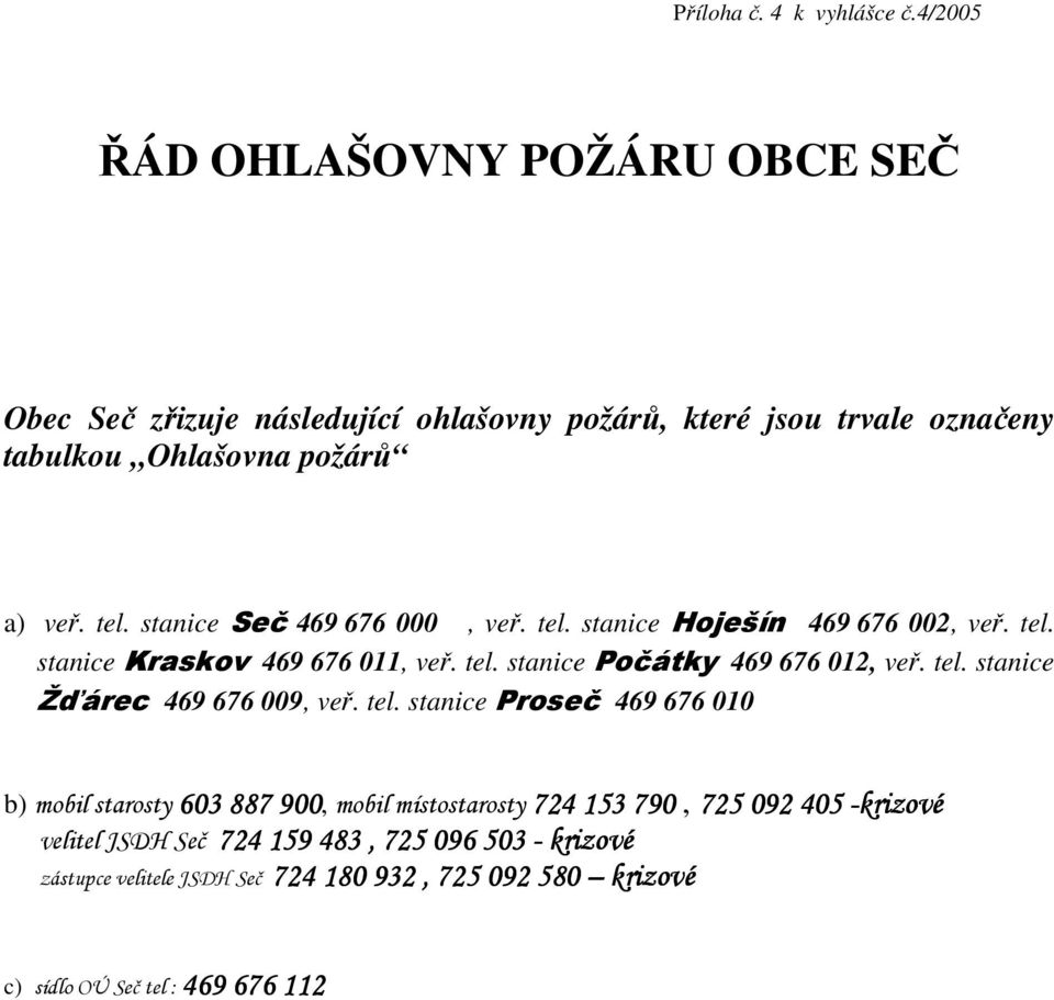 stanice Seč 469 676 000, veř. tel. stanice Hoješín 469 676 002, veř. tel. stanice Kraskov 469 676 011, veř. tel. stanice Počátky 469 676 012, veř. tel. stanice Žďárec 469 676 009, veř.