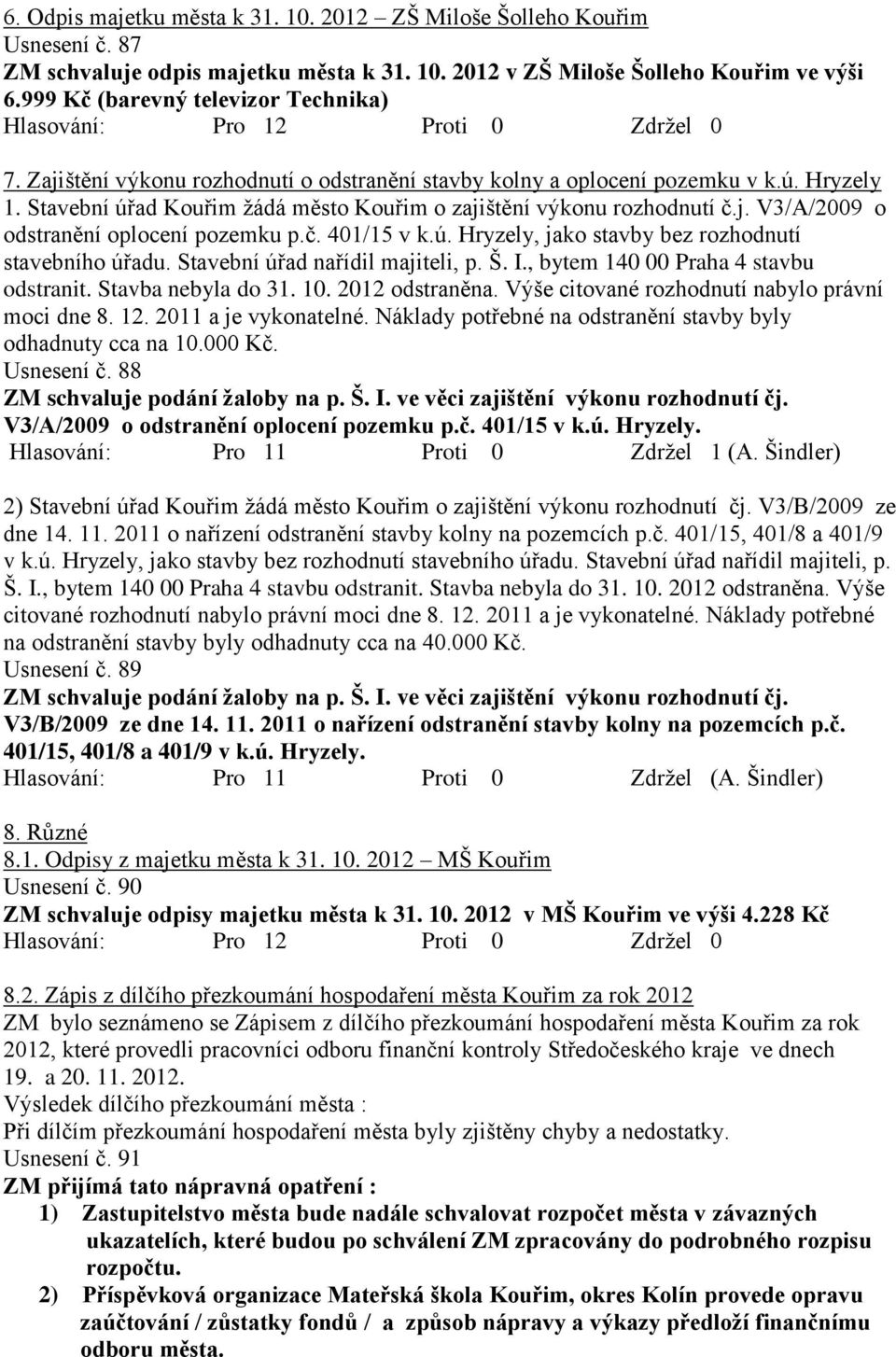 Stavební úřad Kouřim ţádá město Kouřim o zajištění výkonu rozhodnutí č.j. V3/A/2009 o odstranění oplocení pozemku p.č. 401/15 v k.ú. Hryzely, jako stavby bez rozhodnutí stavebního úřadu.