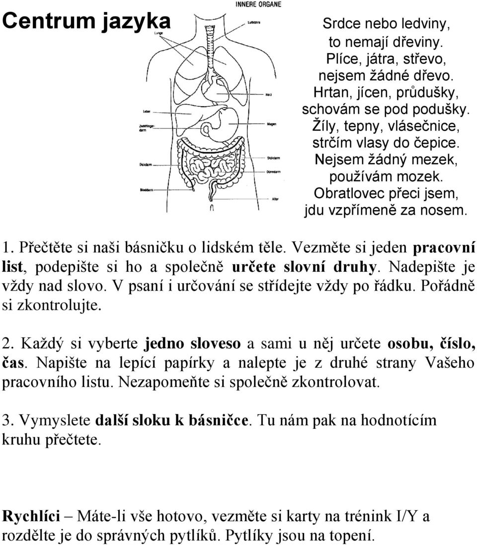 Kaţdý si vyberte jedno sloveso a sami u něj určete osobu, číslo, čas. Napište na lepící papírky a nalepte je z druhé strany Vašeho pracovního listu.