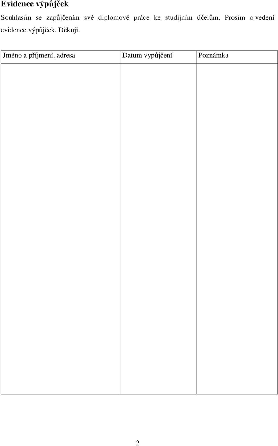 Prosím o vedení evidence výpůjček. Děkuji.