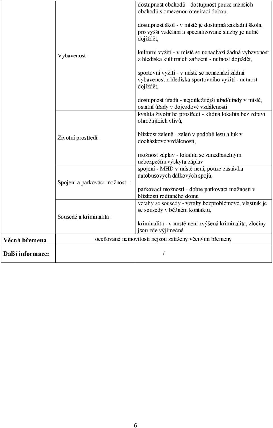 vyžití - nutnost dojíždět, dostupnost úřadů - nejdůležitější úřad/úřady v místě, ostatní úřady v dojezdové vzdálenosti kvalita životního prostředí - klidná lokalita bez zdraví ohrožujících vlivů,