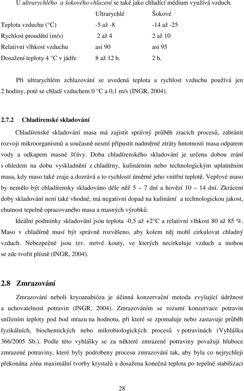 Při ultrarychlém zchlazování se uvedená teplota a rychlost vzduchu používá jen 2 hodiny, poté se chladí vzduchem 0 C a 0,1 m/s (INGR, 2004). 2.7.