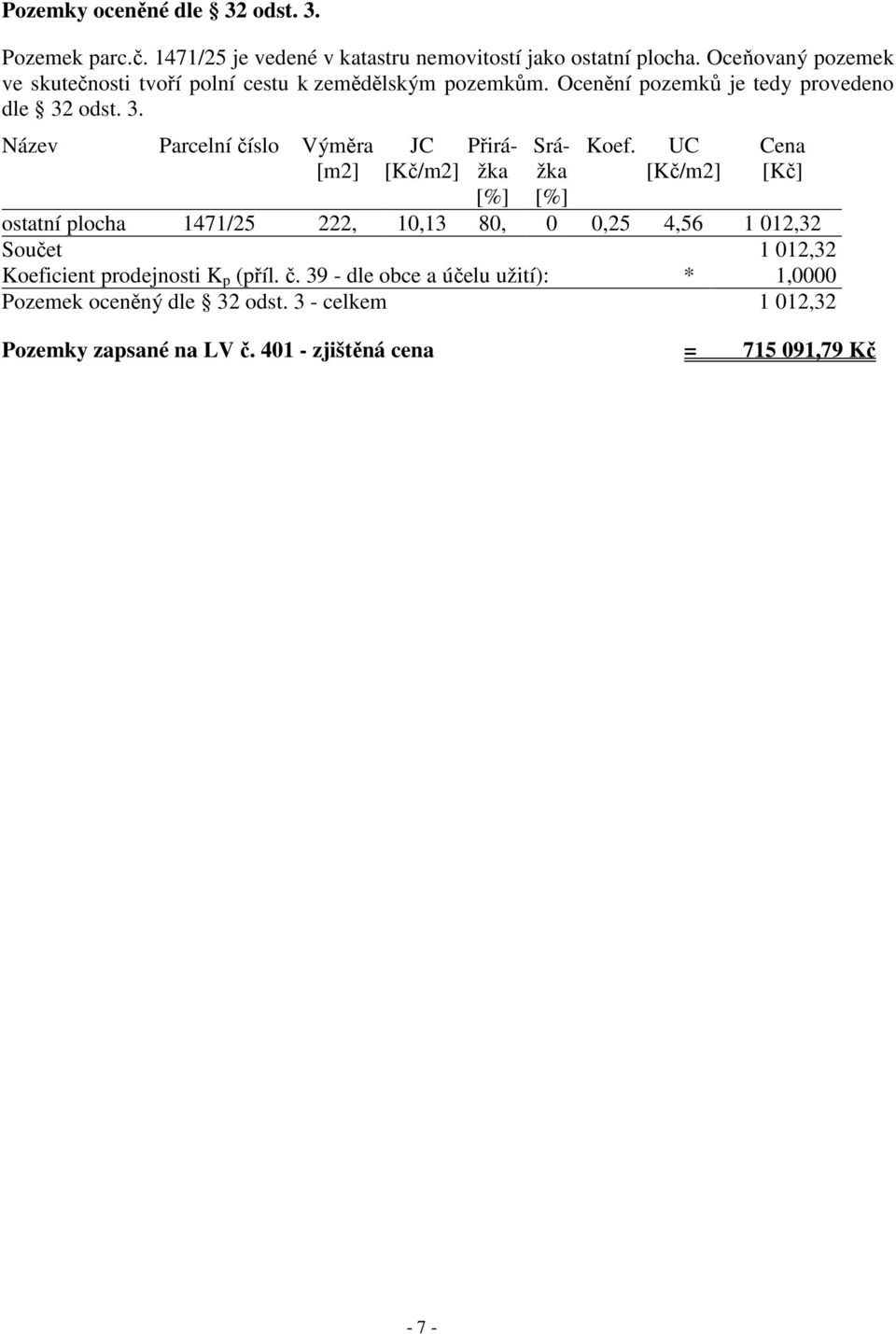 odst. 3. Název Parcelní číslo Výměra [m2] JC Přirá- [Kč/m2] žka [%] Srážka [%] Koef.