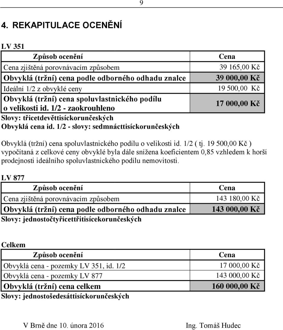 1/2 - slovy: sedmnácttisíckorunčeských Cena 39 165,00 Kč 39 000,00 Kč 19 500,00 Kč 17 000,00 Kč Obvyklá (tržní) cena spoluvlastnického podílu o velikosti id. 1/2 ( tj.