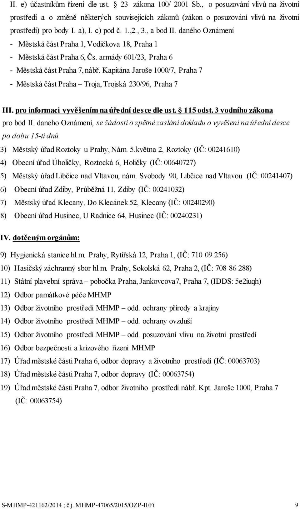 Kapitána Jaroše 1000/7, Praha 7 - Městská část Praha Troja, Trojská 230/96, Praha 7 III. pro informaci vyvěšením na úřední desce dle ust. 115 odst. 3 vodního zákona pro bod II.