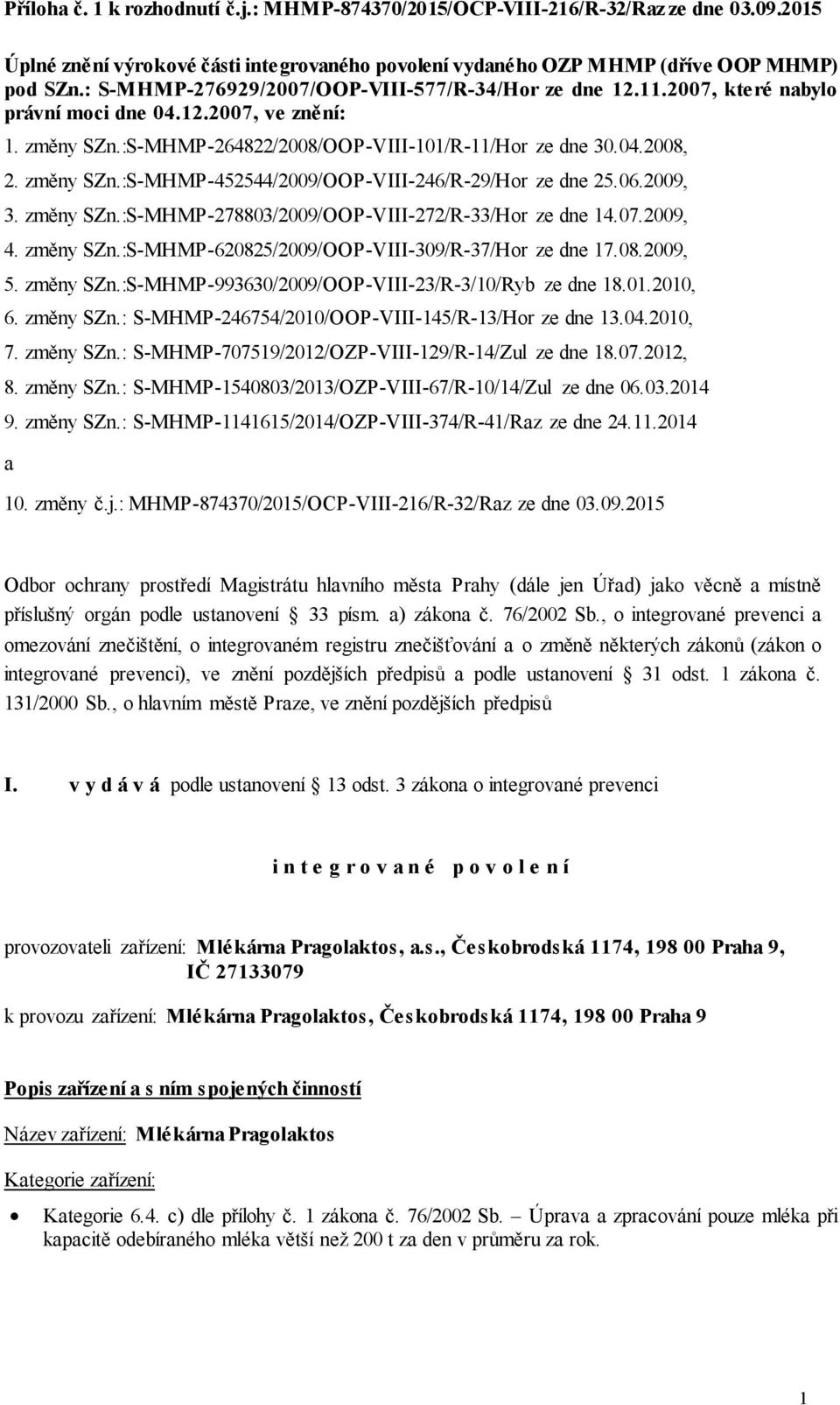 06.2009, 3. změny SZn.:S-MHMP-278803/2009/OOP-VIII-272/R-33/Hor ze dne 14.07.2009, 4. změny SZn.:S-MHMP-620825/2009/OOP-VIII-309/R-37/Hor ze dne 17.08.2009, 5. změny SZn.:S-MHMP-993630/2009/OOP-VIII-23/R-3/10/Ryb ze dne 18.