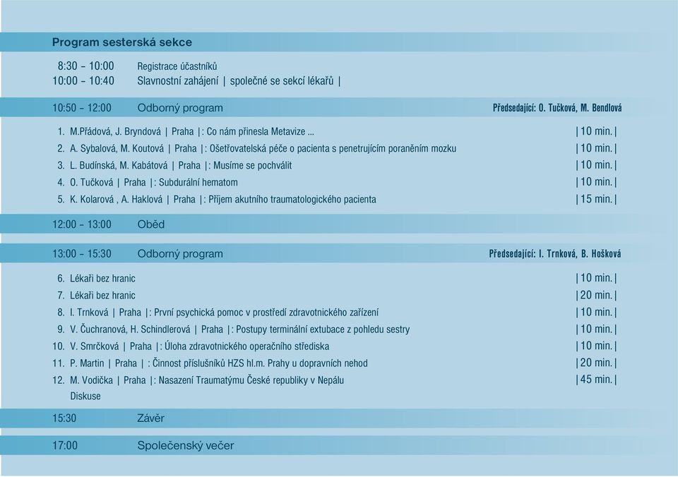 K. Kolarová, A. Haklová Praha : Příjem akutního traumatologického pacienta 15 min. 12:00 13:00 Oběd 13:00 15:30 Odborný program Předsedající: I. Trnková, B. Hošková 6. Lékaři bez hranic 7.