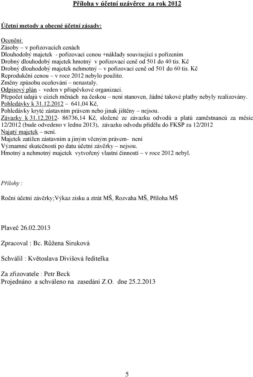 Změny způsobu oceňování nenastaly. Odpisový plán - veden v příspěvkové organizaci. Přepočet údajů v cizích měnách na českou není stanoven, žádné takové platby nebyly realizovány. Pohledávky k 31.12.