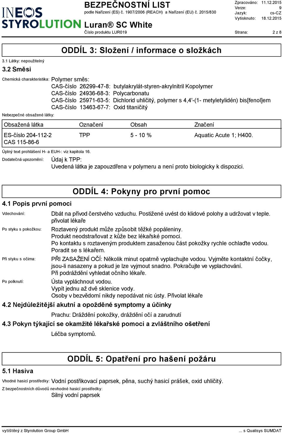 25971-63-5: Dichlorid uhličitý, polymer s 4,4'-(1- metyletylidén) bis[fenol]em CAS-číslo 13463-67-7: Oxid titaničitý Nebezpečné obsažené látky: Obsažená látka Označení Obsah Značení ES-číslo