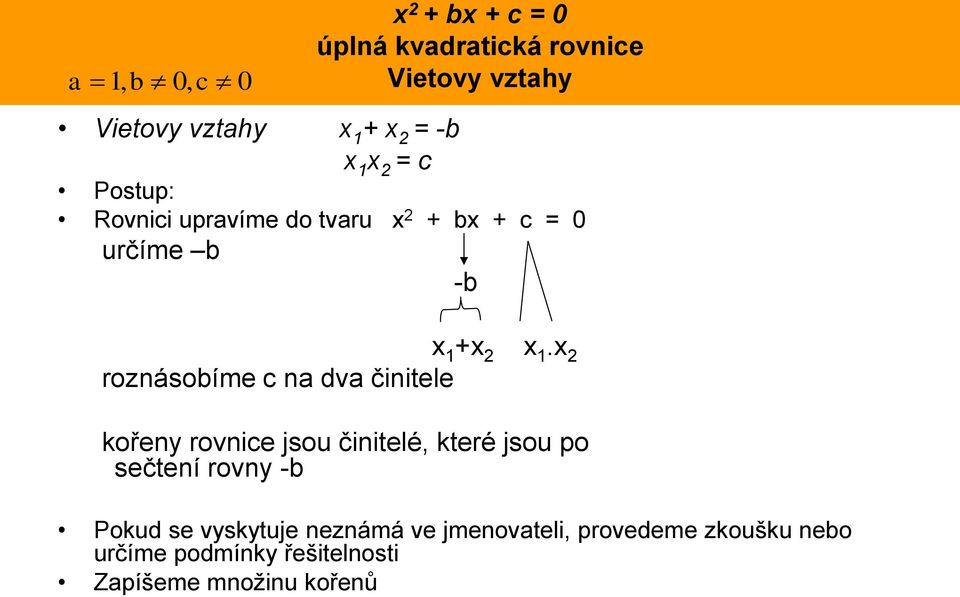 roznásobíme c na dva činitele kořeny rovnice jsou činitelé, které jsou po sečtení rovny -b