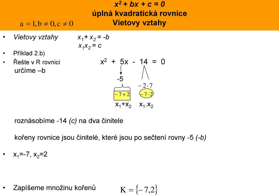 b) Řešte v R rovnici + 5-14 = 0 určíme b -5 roznásobíme -14 (c) na dva