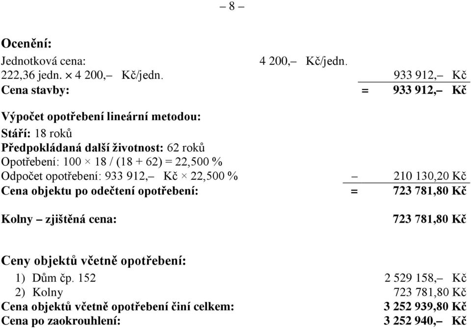 933 912, Kč Cena stavby: = 933 912, Kč Výpočet opotřebení lineární metodou: Stáří: 18 roků Předpokládaná další životnost: 62 roků Opotřebení: