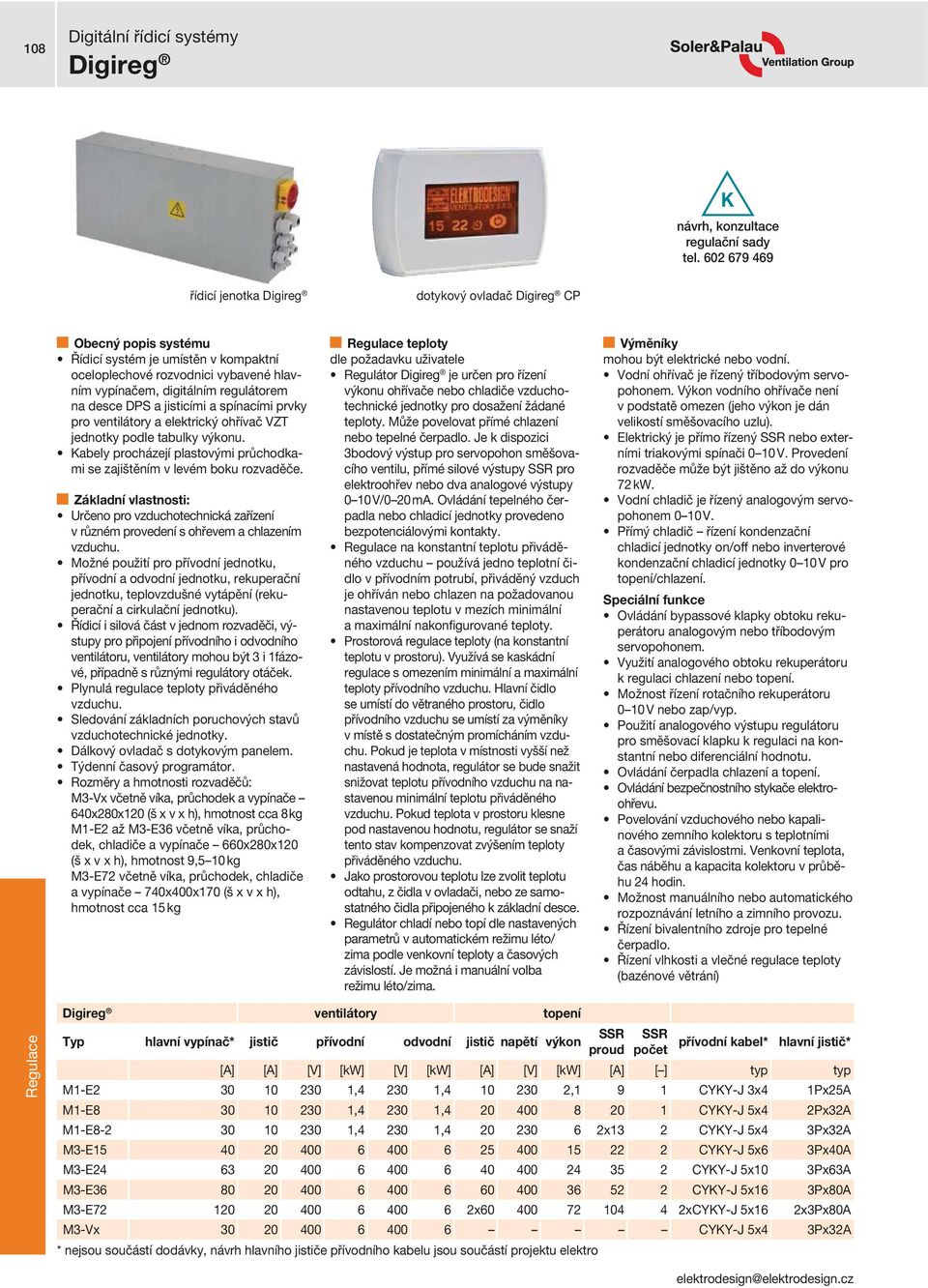 jisticími a spínacími prvky pro ventilátory a elektrický ohřívač VZT jednotky podle tabulky výkonu. Kabely procházejí plastovými průchodkami se zajištěním v levém boku rozvaděče.