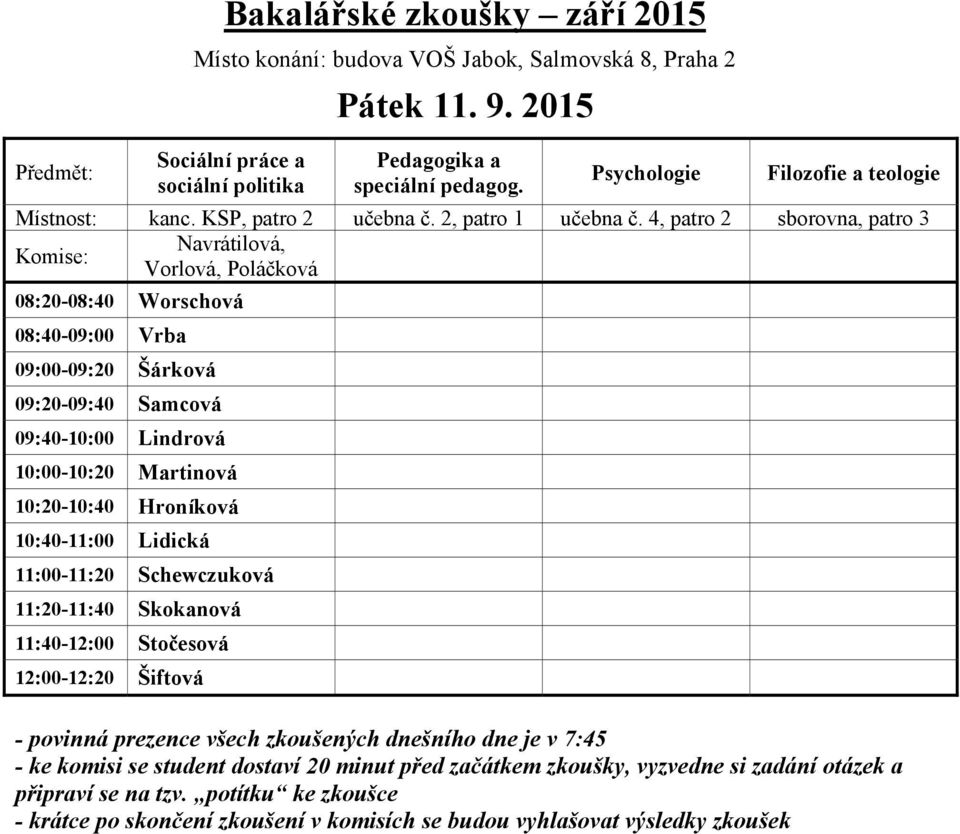 08:40-09:00 Vrba 09:00-09:20 Šárková 09:20-09:40 Samcová 09:40-10:00 Lindrová 10:00-10:20