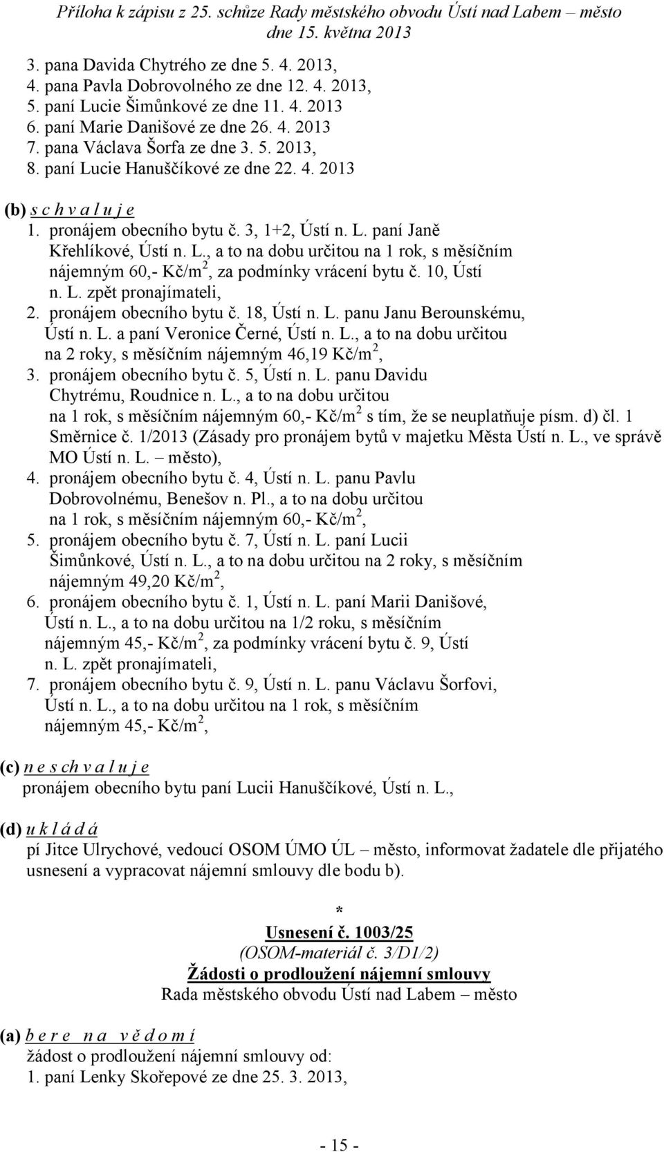 10, Ústí n. L. zpět pronajímateli, 2. pro obecního bytu č. 18, Ústí n. L. panu Janu Berounskému, Ústí n. L. a paní Veronice Černé, Ústí n. L., a to na dobu určitou na 2 roky, s měsíčním ným 46,19 Kč/, 3.