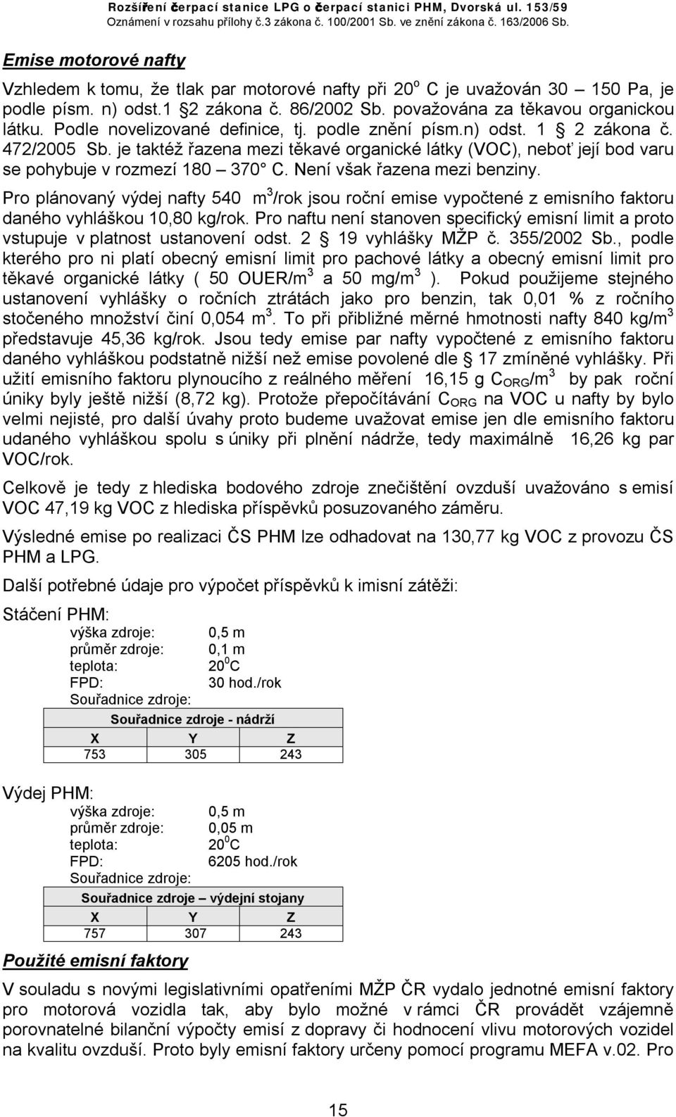 Není však řazena mezi benziny. Pro plánovaný výdej nafty 540 m 3 /rok jsou roční emise vypočtené z emisního faktoru daného vyhláškou 10,80 kg/rok.