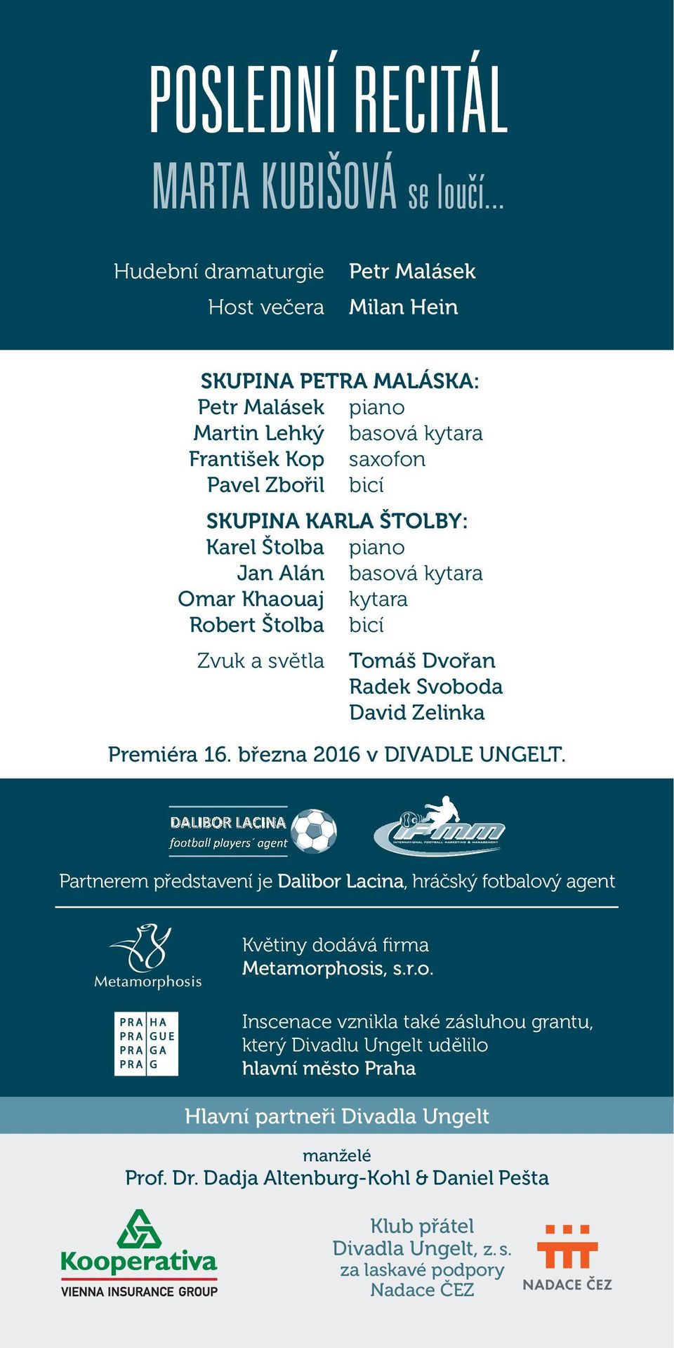 ŠTOLBY: Karel Štolba Jan Alán Omar Khaouaj Robert Štolba Zvuk a světla piano basová kytara kytara bicí Tomáš Dvořan Radek Svoboda David Zelinka Premiéra 16. března 2016 v DIVADLE UNGELT.