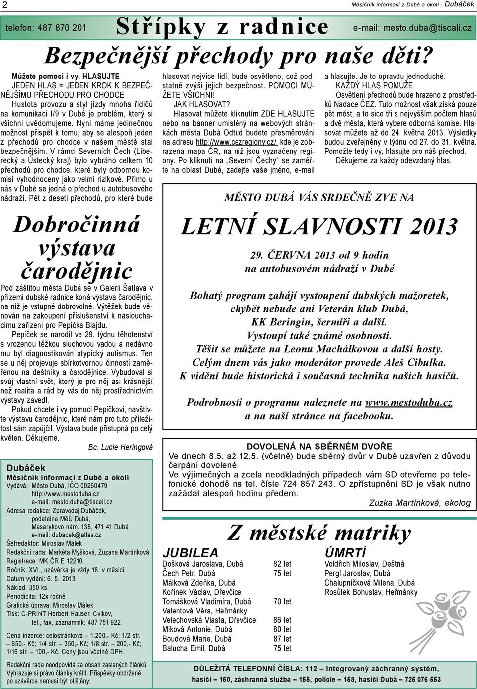 cz Šéfredaktor: Miroslav Málek Redakční rada: Markéta Myšková, Zuzana Martínková Registrace: MK ČR E 12210 Ročník: XVI., uzávěrka je vždy 18. v měsíci Datum vydání: 6. 5.