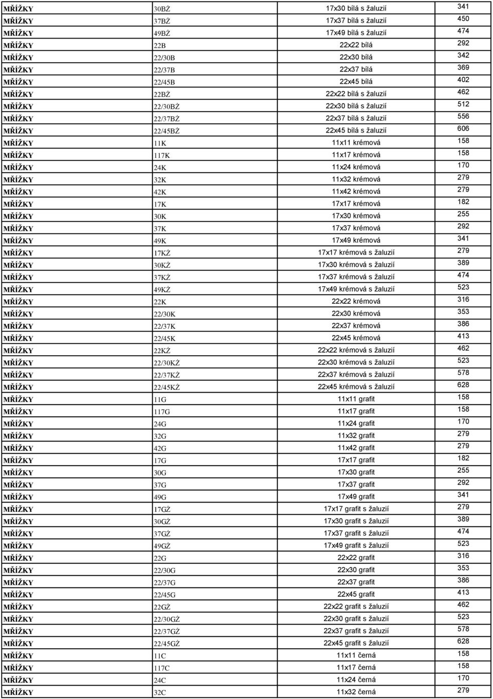 11x11 krémová 158 MŘÍŽKY 117K 11x17 krémová 158 MŘÍŽKY 24K 11x24 krémová 170 MŘÍŽKY 32K 11x32 krémová 279 MŘÍŽKY 42K 11x42 krémová 279 MŘÍŽKY 17K 17x17 krémová 182 MŘÍŽKY 30K 17x30 krémová 255 MŘÍŽKY