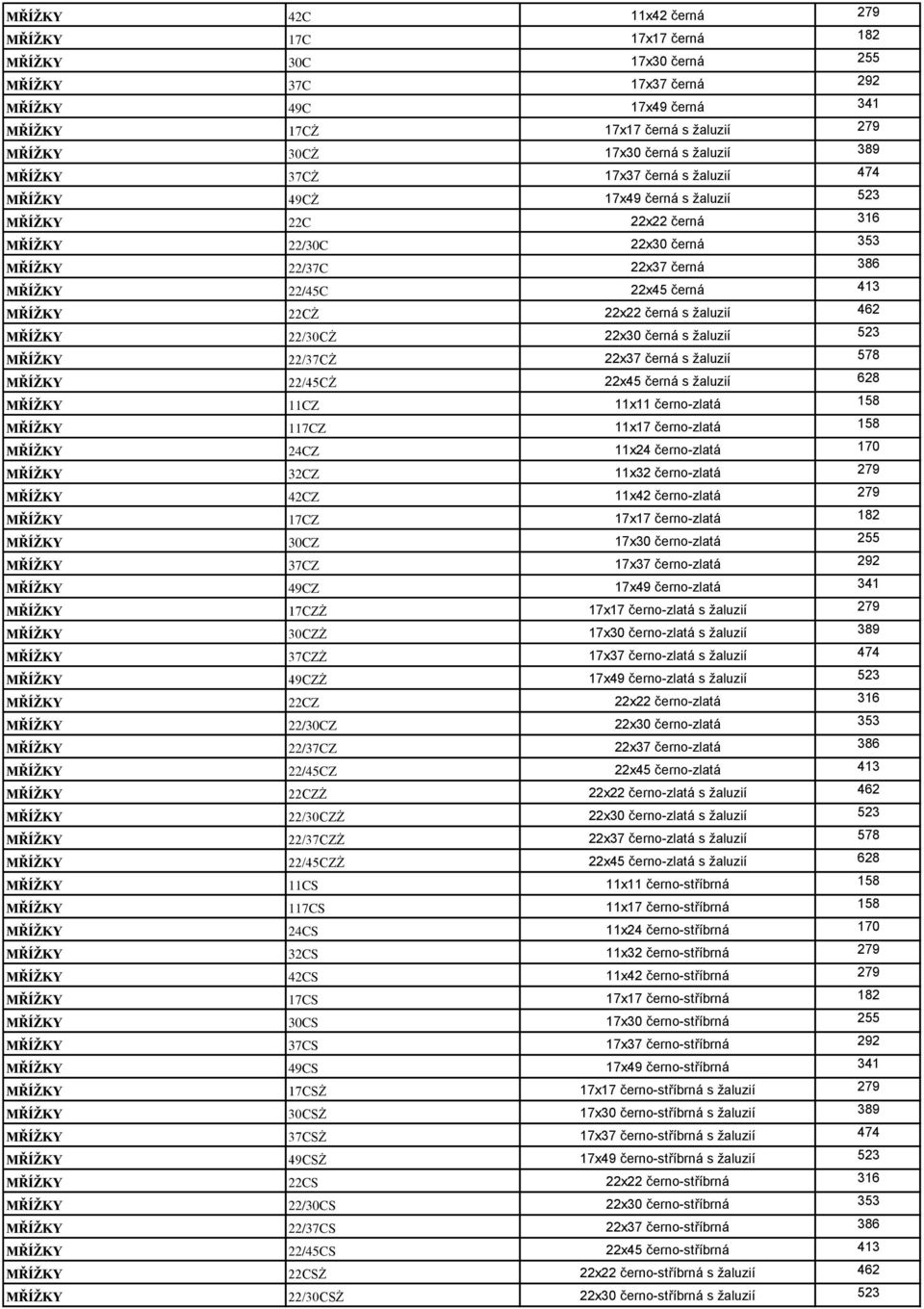 černá 413 MŘÍŽKY 22CŻ 22x22 černá s žaluzií 462 MŘÍŽKY 22/30CŻ 22x30 černá s žaluzií 523 MŘÍŽKY 22/37CŻ 22x37 černá s žaluzií 578 MŘÍŽKY 22/45CŻ 22x45 černá s žaluzií 628 MŘÍŽKY 11CZ 11x11