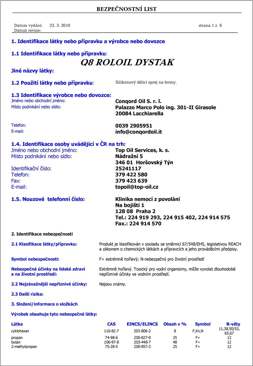 301-II Girasole 20084 Lacchiarella Telefon: 0039 2905951 E-mail: info@conqordoil.it 1.4. Identifikace osoby uvádějící v ČR na trh: Jméno nebo obchodní jméno: Top Oil Services, k. s.