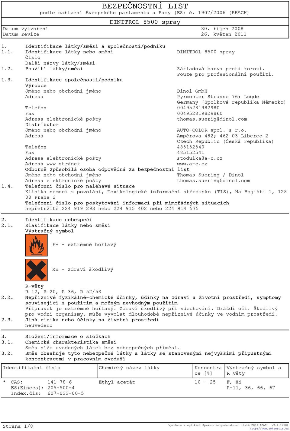 Identifikace spoleènosti/podniku Výrobce Jméno nebo obchodní jméno Dinol GmbH Adresa Pyrmonter Strasse 76; Lügde Germany (Spolková republika Nìmecko) Telefon 00495281982980 Fax 004952819829860 Adresa