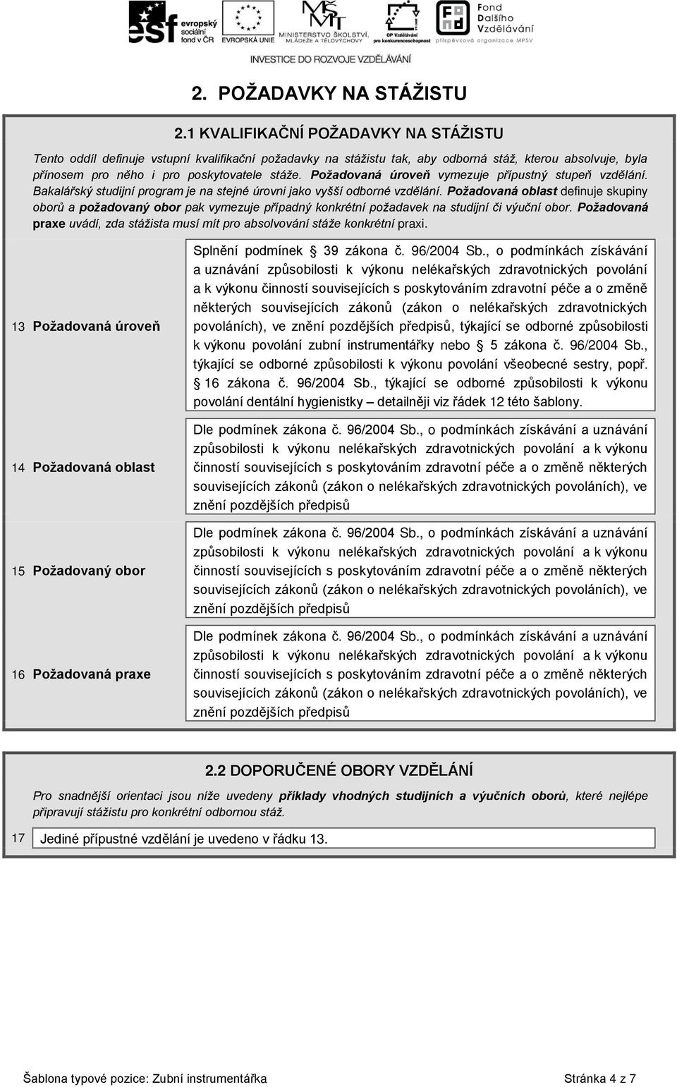 Požadovaná úroveň vymezuje přípustný stupeň vzdělání. Bakalářský studijní program je na stejné úrovni jako vyšší odborné vzdělání.