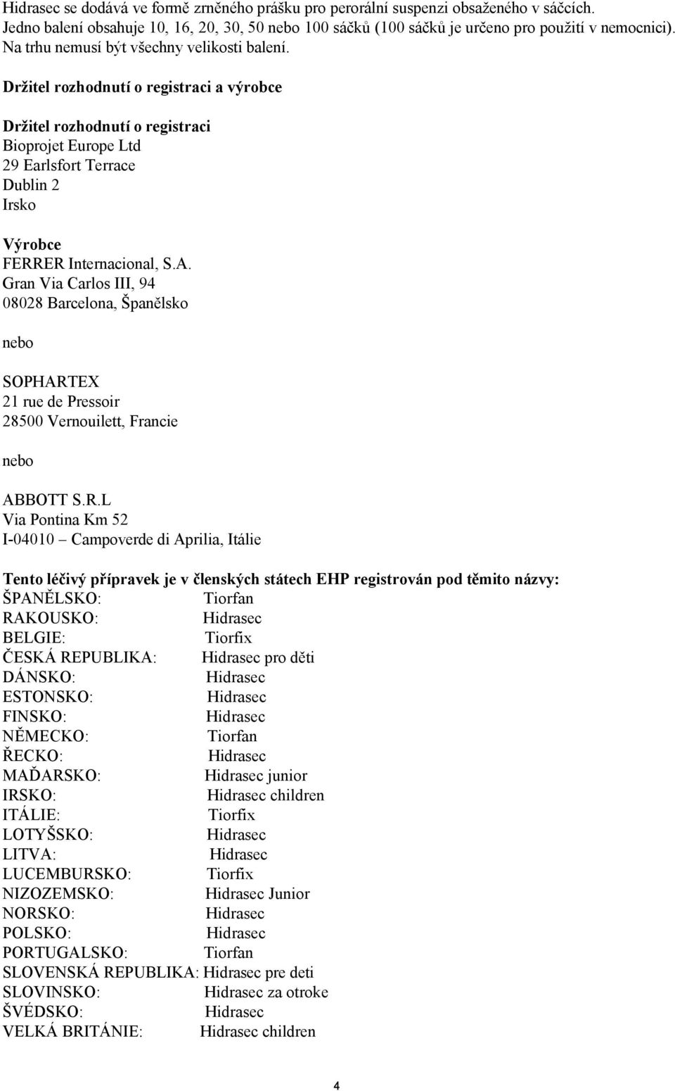 Držitel rozhodnutí o registraci a výrobce Držitel rozhodnutí o registraci Bioprojet Europe Ltd 29 Earlsfort Terrace Dublin 2 Irsko Výrobce FERRER Internacional, S.A.