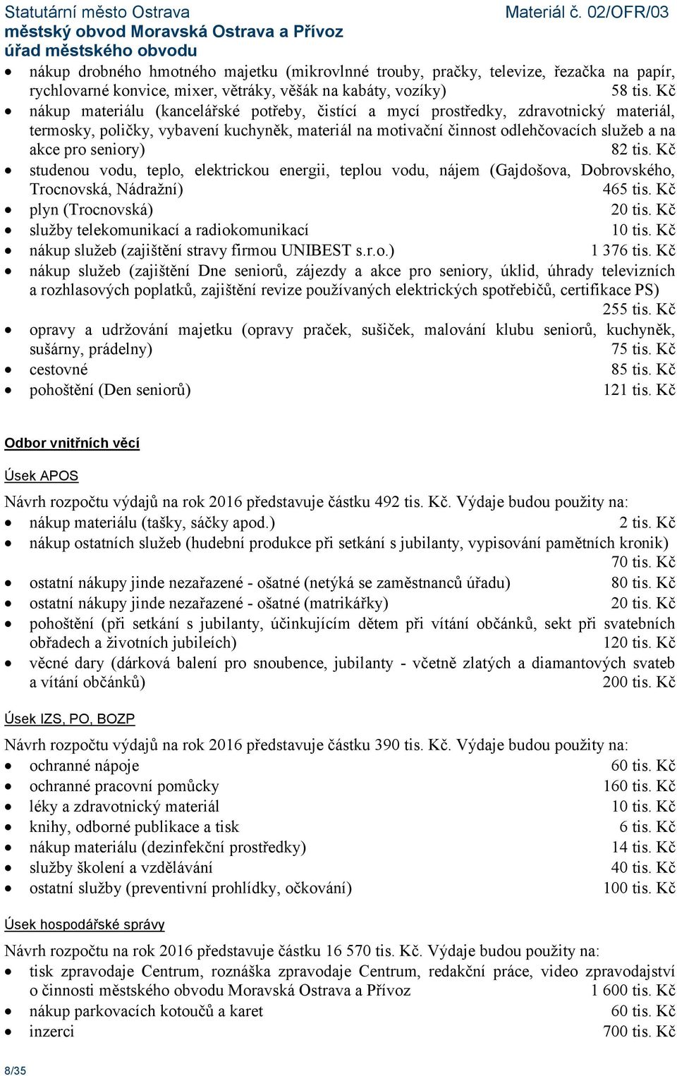 seniory) 82 tis. Kč studenou vodu, teplo, elektrickou energii, teplou vodu, nájem (Gajdošova, Dobrovského, Trocnovská, Nádražní) 465 tis. Kč plyn (Trocnovská) 20 tis.