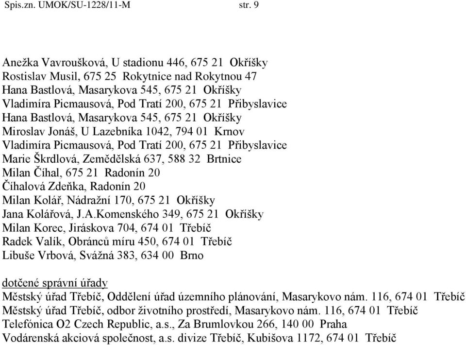 Přibyslavice Hana Bastlová, Masarykova 545, 675 21 Okříšky Miroslav Jonáš, U Lazebníka 1042, 794 01 Krnov Vladimíra Picmausová, Pod Tratí 200, 675 21 Přibyslavice Marie Škrdlová, Zemědělská 637, 588