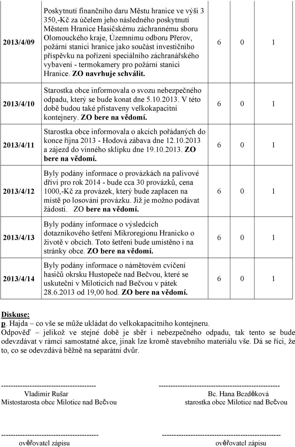 ZO navrhuje schválit. Starostka obce informovala o svozu nebezpečného odpadu, který se bude konat dne 5.10.2013. V této době budou také přistaveny velkokapacitní kontejnery. ZO bere na vědomí.